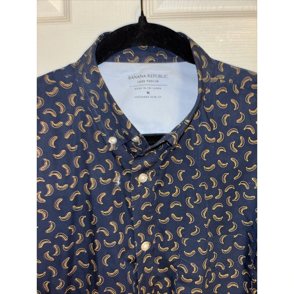 Banana Republic Men's M Shirt Navy Blue Banana Print Luxe Poplin LS Button-down